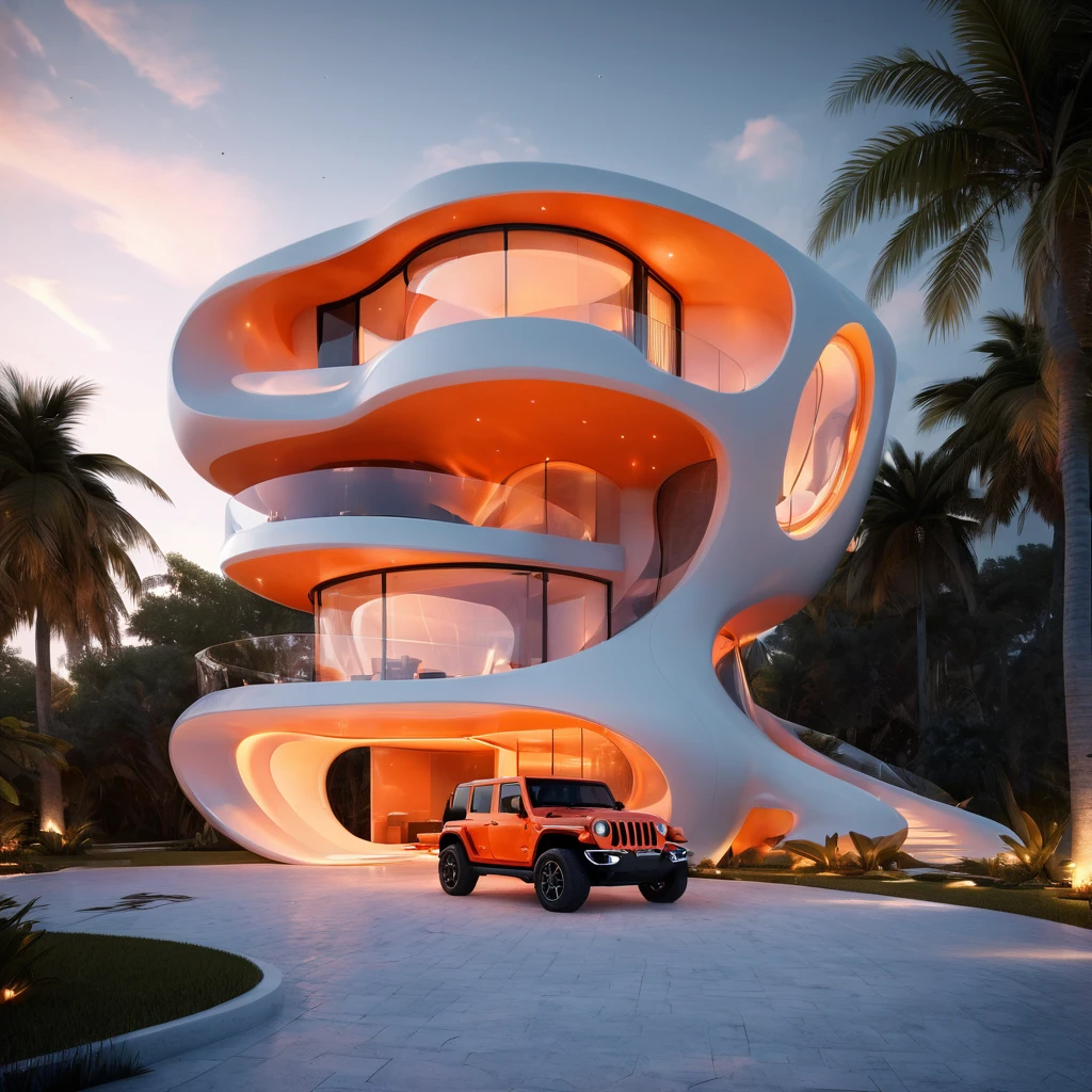 a futuristic house with an orange jeep wrangler parked in front of it, cgsocietywlop, beautiful curves, intricate devilish designs, qualia, interesting shapes & form, wow factor, elaborate polished, architectural rendering, miami, orange soft lighting in interior of house, futuristic battlefield, inspired by James E. Brewton, precise architectural rendering