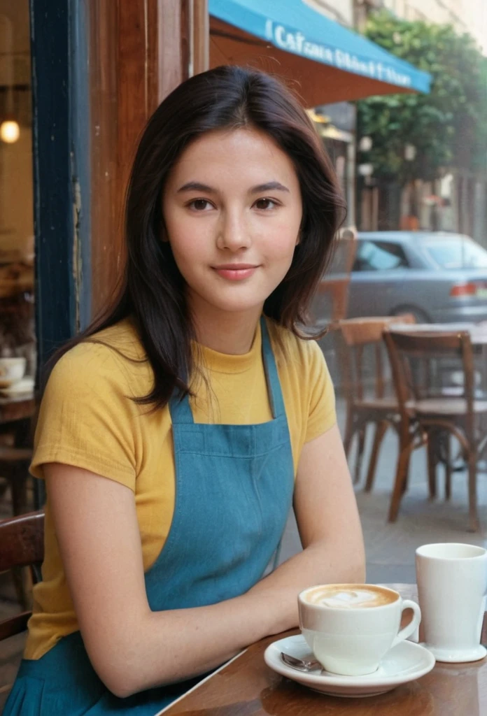 Candid, Photo of a window of a cafe, inside the window is a beautiful young woman in the 1970s, with her dark hair and clothing from the 1970s, the woman is sitting at a table with a cup of coffee and a plate of breakfast on the table, looking at the camera with lost look and slight smile, (((the shot was taken from the outside of the cafe))), full color with a cinematographic lighting, high definition professional photography style ,photorealistic