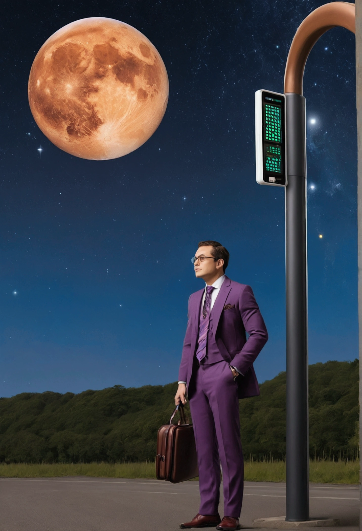 The man: Keep your coat green, red necktie, Purple pants, and brown shoes. Maintain his posture, Looking at the clock, with a briefcase in hand.
bus stop: Incluir a placa do bus stop com rótulos &#39;BUS STOP&#39; to Mars and Earth, and the clock showing a time around 10:10.
fund: Preserve the starry night sky with visible stars, and include the planets Earth and Mars. Ensure sterile, moon-like soil is depicted.
styled: Use um styled clássico de pixel art com clareza, defined pixels. Aim for a nostalgic, retro look that captures the essence of 8 or 16-bit video game graphics."
