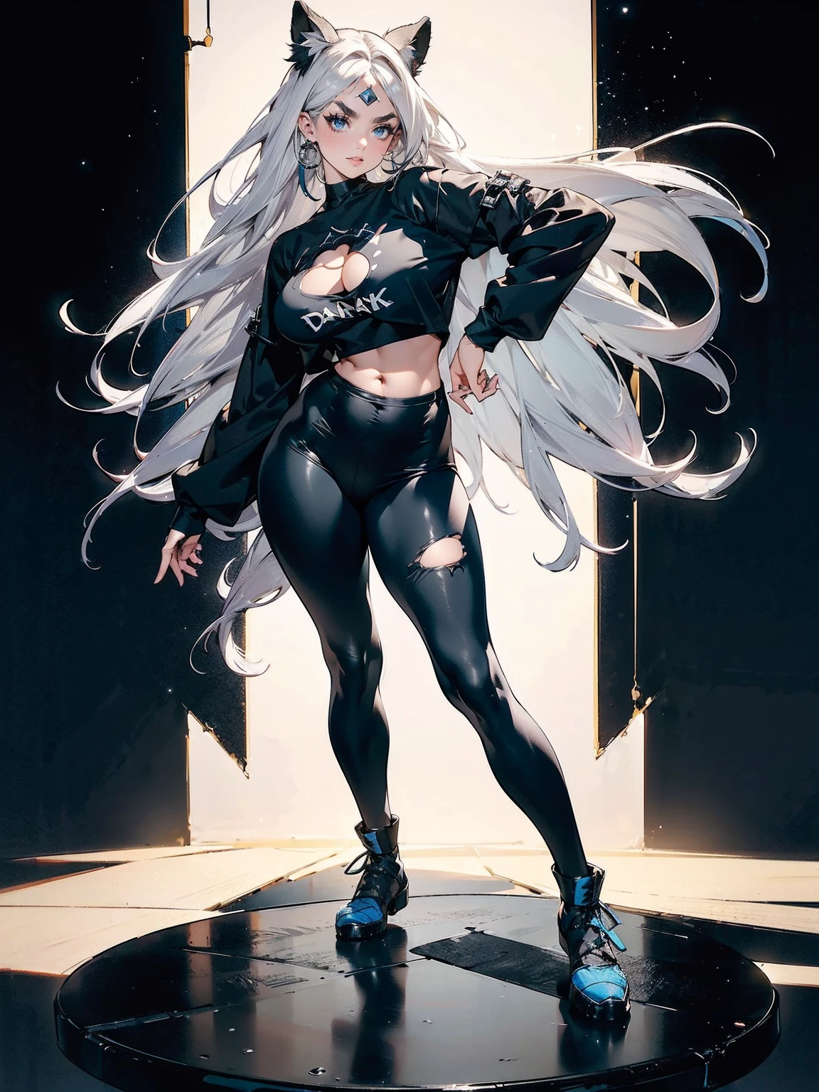 Sense of presence, look up, Focus on shoes, (White Hair Girl), (Thick, dark blue eyebrows:1.4), (Dark blue eyebrows:1.7), (Thick eyebrows:1.3), (Huge black fluffy animal ears:1.1), (Black animal ears:1.1), BREAK, (((Mesh Stitching Crop T-Shirt, Cutout Long Sleeve Top))),BREAK, (Big Breasts:1.2, Thick legs, Adult female body, Sturdy body:1.2), ((full body:1.7, Contrapposto:1.5)), (sharp eyes, Ultra-high definition CG, Precisely designed costumes, 4K, 8k, Ultra-high definition CG, Precisely designed costumes, Clear lines, Expressive and Captivating Eyes, Fine Details and Realistic Textures, cinematic lighting), ((white background)), BREAK, (Wearing black leggings with holes), Skinny sleeves, (Torn and holey leggings:1.2)(Black leggings:1.4), (過剰なRuggedThick soleブーツを履いています:1.2), (Thick sole:1.5), (Big shoes:1.3), brwak,((Lightsabers:1.3, embarrassed))