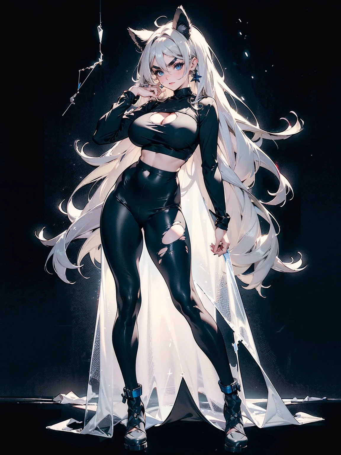 Sense of presence, look up, Focus on shoes, (White Hair Girl), (Thick, dark blue eyebrows:1.4), (Dark blue eyebrows:1.7), (Thick eyebrows:1.3), (Huge black fluffy animal ears:1.1), (Black animal ears:1.1), BREAK, (((Mesh Stitching Crop T-Shirt, Cutout Long Sleeve Top))),BREAK, (Big Breasts:1.2, Thick legs, Adult female body, Sturdy body:1.2), ((full body:1.7, Contrapposto:1.5)), (sharp eyes, Ultra-high definition CG, Precisely designed costumes, 4K, 8k, Ultra-high definition CG, Precisely designed costumes, Clear lines, Expressive and Captivating Eyes, Fine Details and Realistic Textures, cinematic lighting), ((white background)), BREAK, (Wearing black leggings with holes), Skinny sleeves, (Torn and holey leggings:1.2)(Black leggings:1.4), (過剰なRuggedThick soleブーツを履いています:1.2), (Thick sole:1.5), (Big shoes:1.3), brwak,((Lightsabers:1.3, embarrassed))