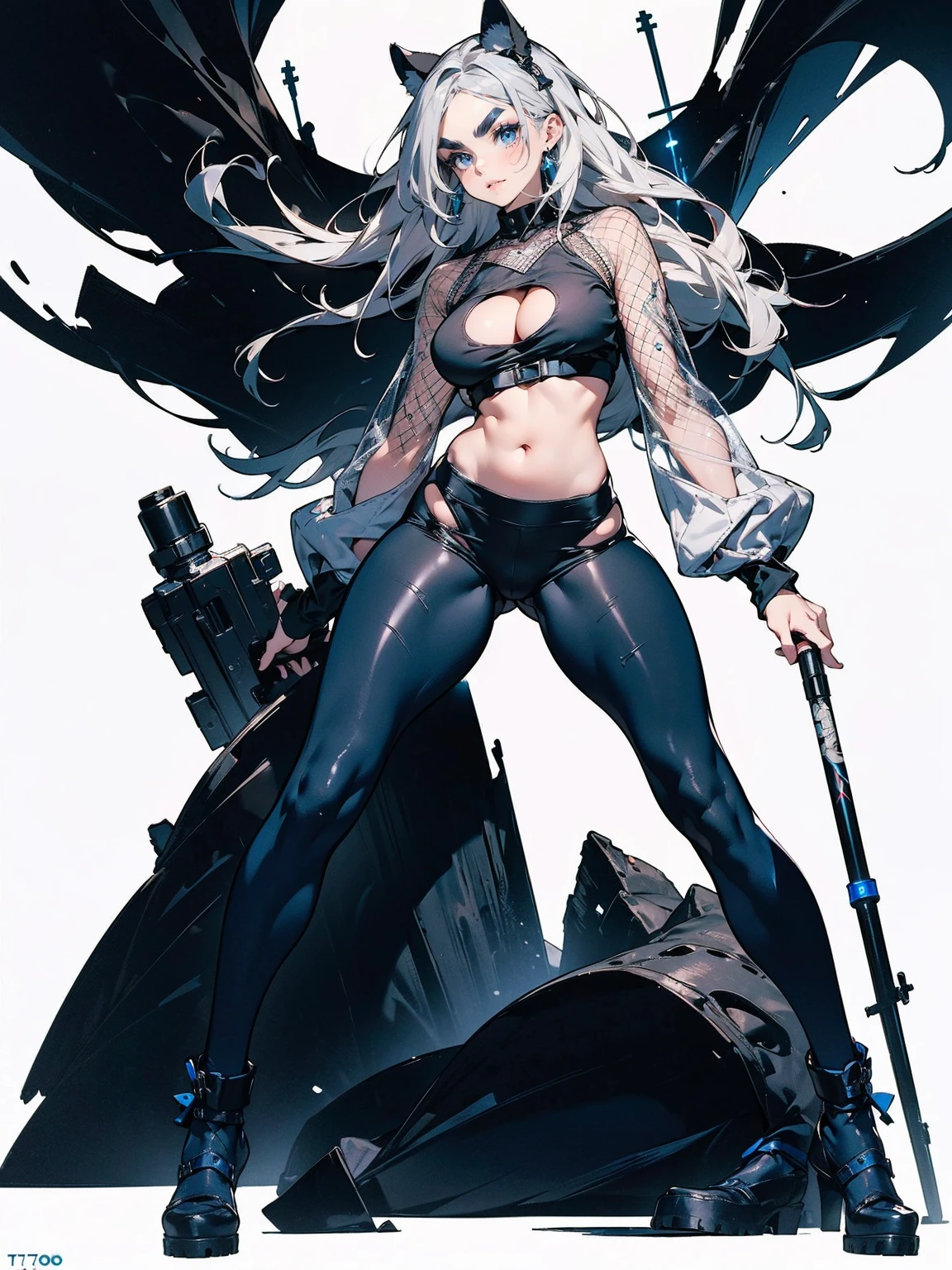 (White Hair Girl), (Thick, dark blue eyebrows:1.4), (Dark blue eyebrows:1.7), (Thick eyebrows:1.3), (Huge black fluffy animal ears:1.1), (Black animal ears:1.1), BREAK, (((Mesh Stitching Crop T-Shirt, Cutout Long Sleeve Top))),BREAK, (Big Breasts:1.4, Thick legs, Adult female body, Sturdy body:1.2), ((full body:1.7, Contrapposto:1.5)), (sharp eyes, Ultra-high definition CG, Precisely designed costumes, 4K, 8K, Ultra-high definition CG, Precisely designed costumes, Clear lines, Expressive and Captivating Eyes, Fine Details and Realistic Textures, cinematic lighting), ((white background)), BREAK, (Wearing black leggings with holes), Skinny sleeves, (Torn and holey leggings:1.2)(Black leggings:1.4), (過剰なRuggedThick soleブーツを履いています:1.2), (Thick sole:1.5), (Big shoes:1.3), ((Lightsabers:1.3, embarrassed))