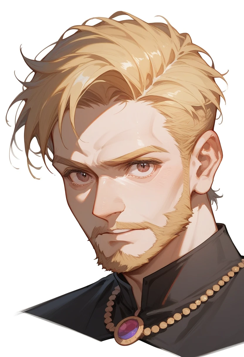 (Fraction_9, Fraction_8_Direction_7_up), 1 boy, Middle-aged man, Blonde Hair, beard, Sharp eyes, Dark brown eyes, Black robe, portrait, White background, Simple background,