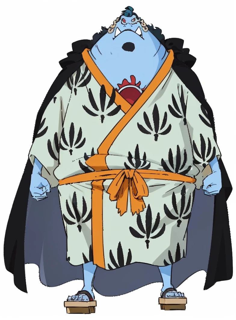 5-year-old Whale Fishman from One Piece, resembling Jinbe. He has a power lifter physique with large, defined muscles and a broad, powerful build. His skin is dark, mottled blue-gray with a whale-like texture. He has a wide, flat nose, large, jagged teeth. His eyes are a vivid red.Fishstick wears pirate attire. He also has a large dorsal fin on his back and webbed hands and feet.Fishstick wields an anchor from a ship as his weapon, emphasizing his strength.