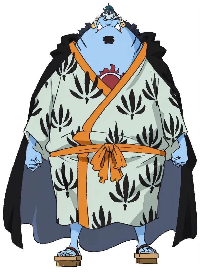 5-year-old Whale Fishman from One Piece, resembling Jinbe. He has a power lifter physique with large, defined muscles and a broad, powerful build. His skin is dark, mottled blue-gray with a whale-like texture. He has a wide, flat nose, large, jagged teeth. His eyes are a vivid red.Fishstick wears pirate attire. He also has a large dorsal fin on his back and webbed hands and feet.Fishstick wields an anchor from a ship as his weapon, emphasizing his strength.