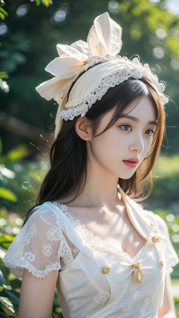 ((best quality, 8K, masterpiece :1.3)),(realistic, lifelike:1.4), original photo, High resolution, Beautiful woman with perfect body :1.4, ( (medium bust:2.0)),White lace panties,in the forest,full body photo shoot,