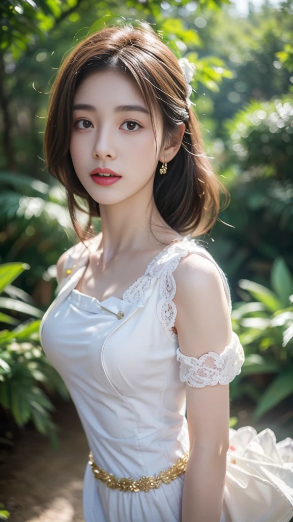 ((best quality, 8K, masterpiece :1.3)),(realistic, lifelike:1.4), original photo, High resolution, Beautiful woman with perfect body :1.4, ( (:2.0)),White lace panties,in the forest,full body photo shoot,