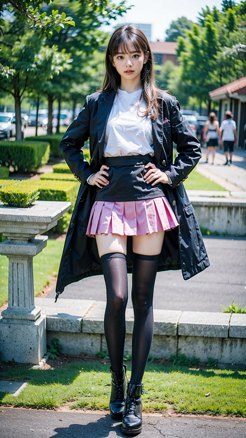 (8k、RAW Photos、Highest quality、masterpiece:1.2)、(Realistic、Realistic)、1 girl、((mini skirt、Blonde、pink long coat、黒one piece、Thin legs、whole body、boots、one piece、tights、garden、View from the front、Looking into the camera、Stand with hands on hips))、cute
