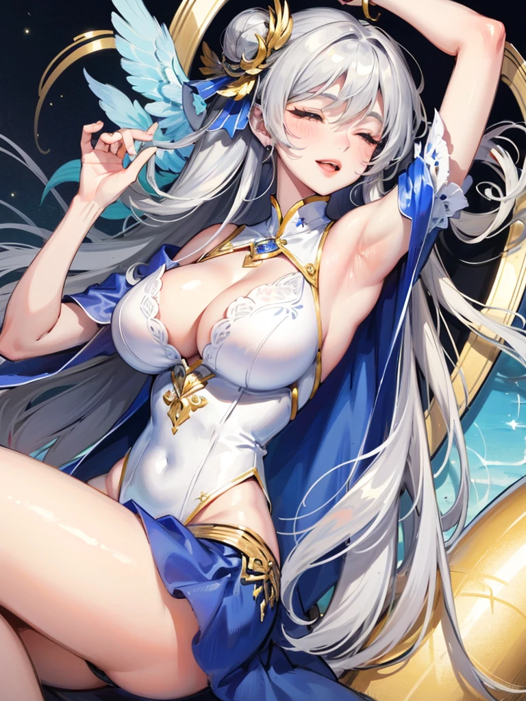 ((best quality)), ((masterpiece)), (detailed), female, married woman, Fleshy body, very large breasts, big ass,smiley face, Silver hair, closed eyes,armpit