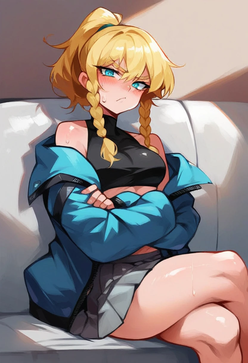 tss, score_9, score_8_up, score_7_up, score_6_up, source_anime, shiny skin, 
1girl, cyan eyes, blonde eyebrows, blonde hair, double bangs, braids, ponytail, black crop top, off shoulder unzipped jacket, waist-level pleated skirt, grey skirt, pout mouth, blush, flushed, looking at viewer, sweat, crossed arms, angry, stern eyes, night time, living room, on sofa, crossed legs