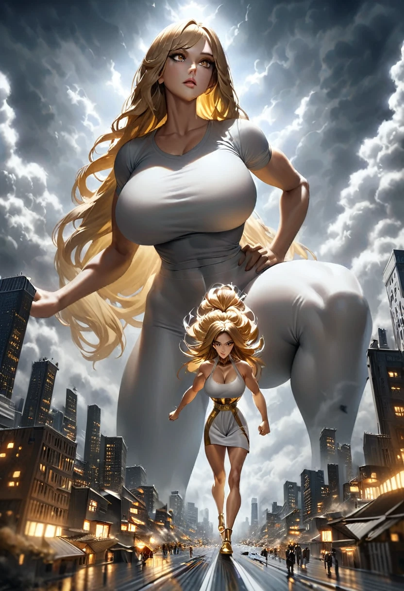 Giantess, White tight toga, gold high heels, toned and athletic, massive strength, really big breasts, gold eyes, blonde long hair, gold jewellery, superior expression, strolling through a tiny city, smoke and clouds roil around her, epic scale and drama, dark gloomy lighting, realistic, tense and ominous atmosphere, majestic, powerful, goddess, perspective from below, hand on hip, looking downwards at a s,all human man in work clothing, bending downards to look at POV. Fullbody. 