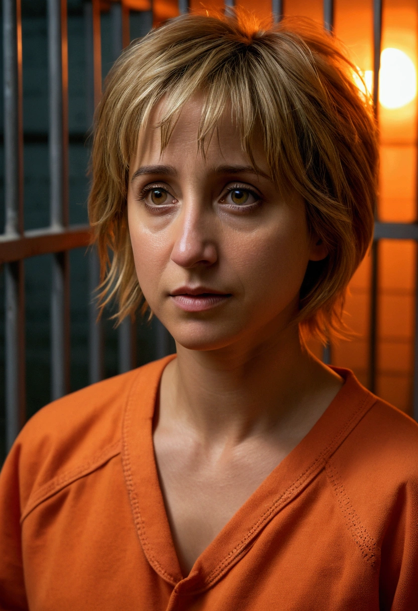 ((realism)), extremely high quality RAW photograph, detailed background, intricate, messy hair, Exquisite details and textures, highly detailed, Photo of (Allison Mack) in a prison cell, (wearing orange prison clothes:1.3), Looking away from the camera, ultra detailed photograph, warm lighting, artstation, 4k, sharp focus, high resolution, detailed skin, detailed eyes, 8k uhd, dslr, low harsh lighting, high quality, film grain, Fujifilm XT3, sad:1.3