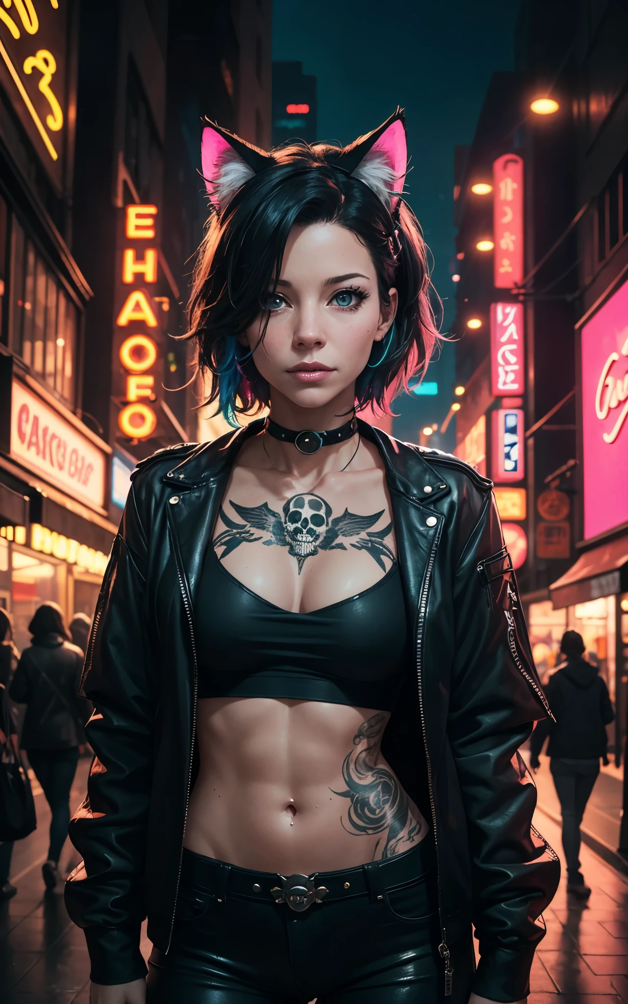 (Evangeline Lilly) Digital illustration featuring a anthropomorphic feline+paws+claw+tail with a striking appearance set against a vibrant, neon-lit urban background. She has human face and black hair with a prominent white streak, styled in a modern. She has yellow eyes. Her skin is fair with a strong complexion, and she has distinct facial features including sharp eyebrows, amber-colored eyes. She wears cat ears on her head, adding a playful yet fierce element to her look. Her attire includes a black choker and a black jacket. A noticeable tattoo of a skull with a gear design is visible on her upper arm. The background is filled with colorful, blurred neon signs in various shapes and sizes, contributing to the cyberpunk aesthetic of the image.