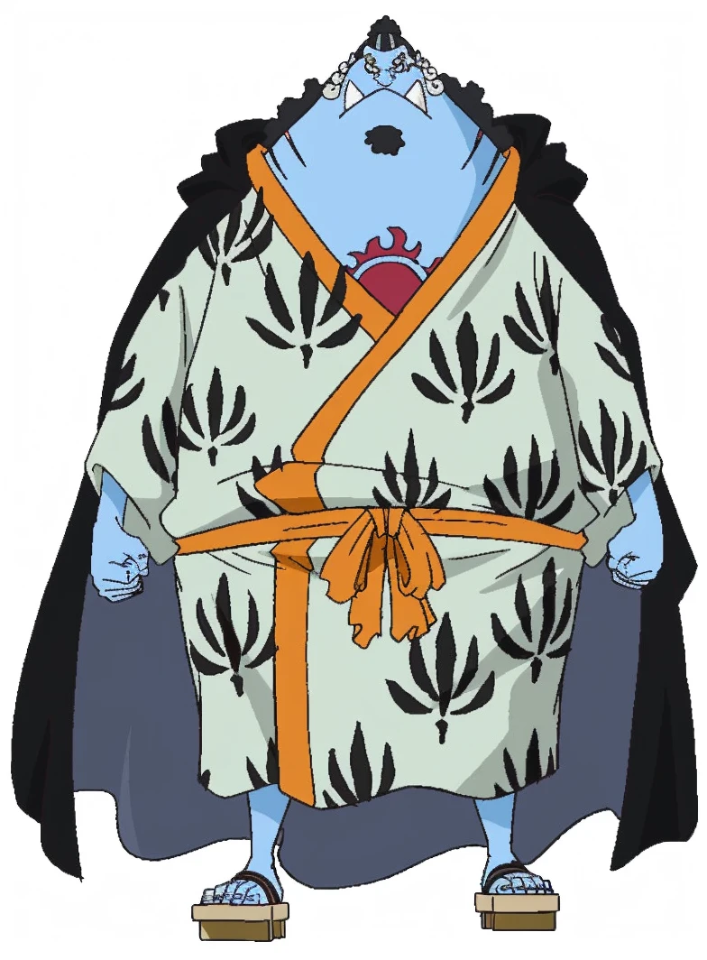 5--old le Fishman from One Piece, resembling Jinbe. He has a power lifter physique with large, defined muscles and a broad, powerful build. His skin is dark, mottled blue-gray with a whale-like texture. He has a wide, flat nose, large, jagged teeth. His eyes are a vivid red.Fishstick wears pirate attire. He also has a large dorsal fin on his back and webbed hands and feet.Fishstick wields an anchor from a ship as his weapon, emphasizing his strength.