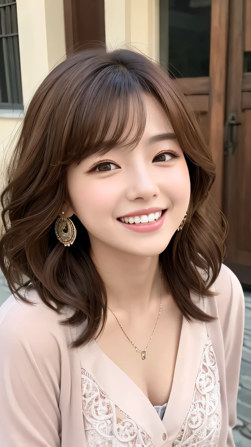 Beautiful young woman、 Korean women、Light brown hair、Wavy Hair、short hair、ear piercing、Necklace around the neck、blouse、Jacket、smile、Laughing with your mouth open、Beautiful teeth alignment、Intricate details, Very detailed:1.2), 、 Looking into the camera,The background is the town