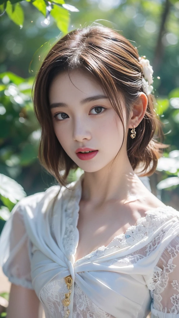 ((best quality, 8K, masterpiece :1.3)),(realistic, lifelike:1.4), original photo, High resolution, Beautiful woman with perfect body :1.4, ( (medium bust:2.0)),White lace panties,in the forest,full body photo shoot,