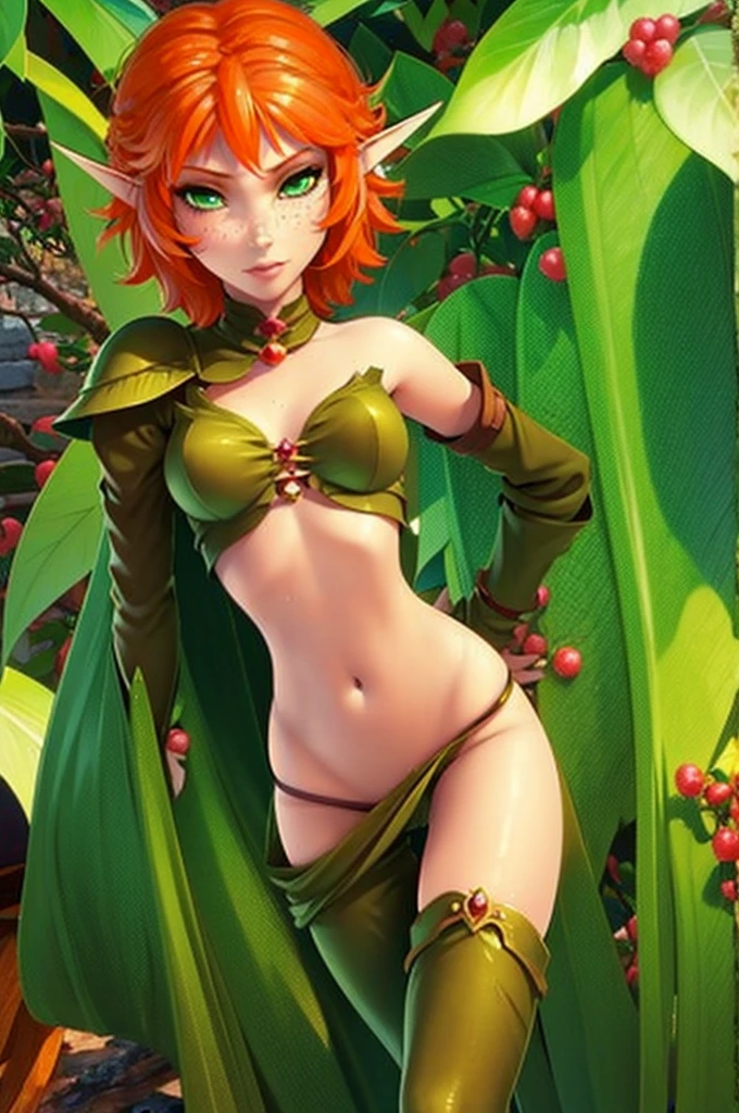 Princess Selenia - Arthur and the Invisibles, cute sexy elf girl with short orange hair, freckles, slender body, green eyes, porn, hentai, big tits, sexy green lingerie, green stockings, giant raspberry bush in the background