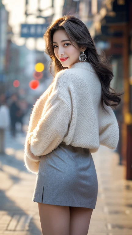 ((The best quality at its best,masterpiece,Ultra-high resolution)),(Realistically:1.4),(Korean celebrity poster sample),1 girl with big ,Head to Knee,Dynamic Pose,Adult face,slim,(smile),(Glossy Skin),(Contour,street,night),Gray Hair,長いGray Hair,black eye,(Large valley),Top Fashion,((White plush coat)),race,(Short skirt),(Snowstorm:1.5,China Pavilion),(Clear Eyes),(The nose is clean),(Transparent lips),(Fair skin),(Ultra-Realistic Textile Textures)
