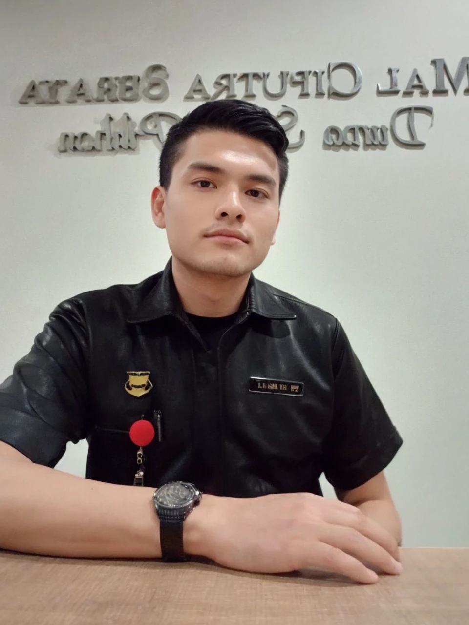 Seen from the front、Handsome 30-year-old man wearing a black leather jacket、Black background