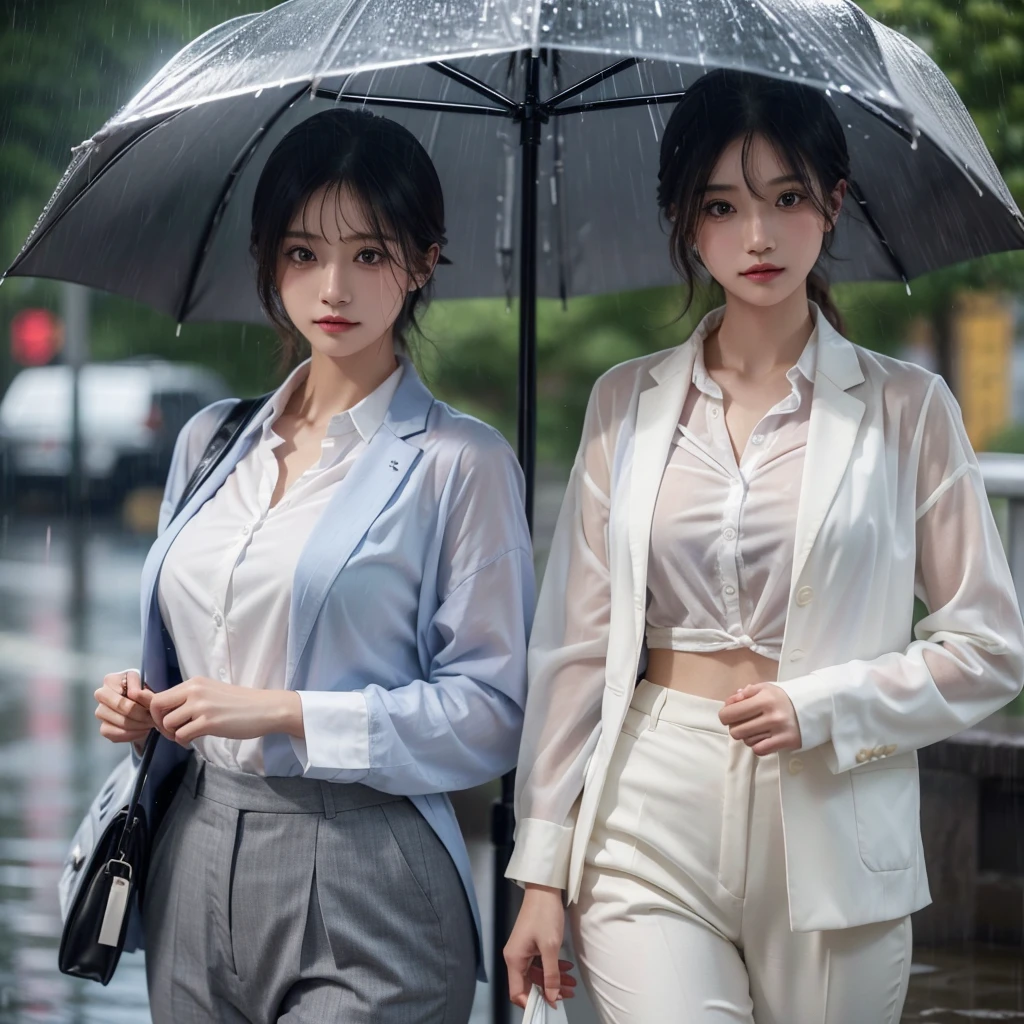 No umbrella、typhoon、Get wet without an umbrella、Beautiful woman in the rain、雨で濡れたBeautyOL、Detailed face、Realistic、beautiful girl、Beauty、Office Lady Uniform、beauty、Beautiful woman、Narrow waist、Handsome woman、Tight pants look、suit、Sexy pose、タイトなsuitパンツ、雨で濡れたsuit、Wet shirt、See-through shirt、Shot in heavy rain、See-through underwear