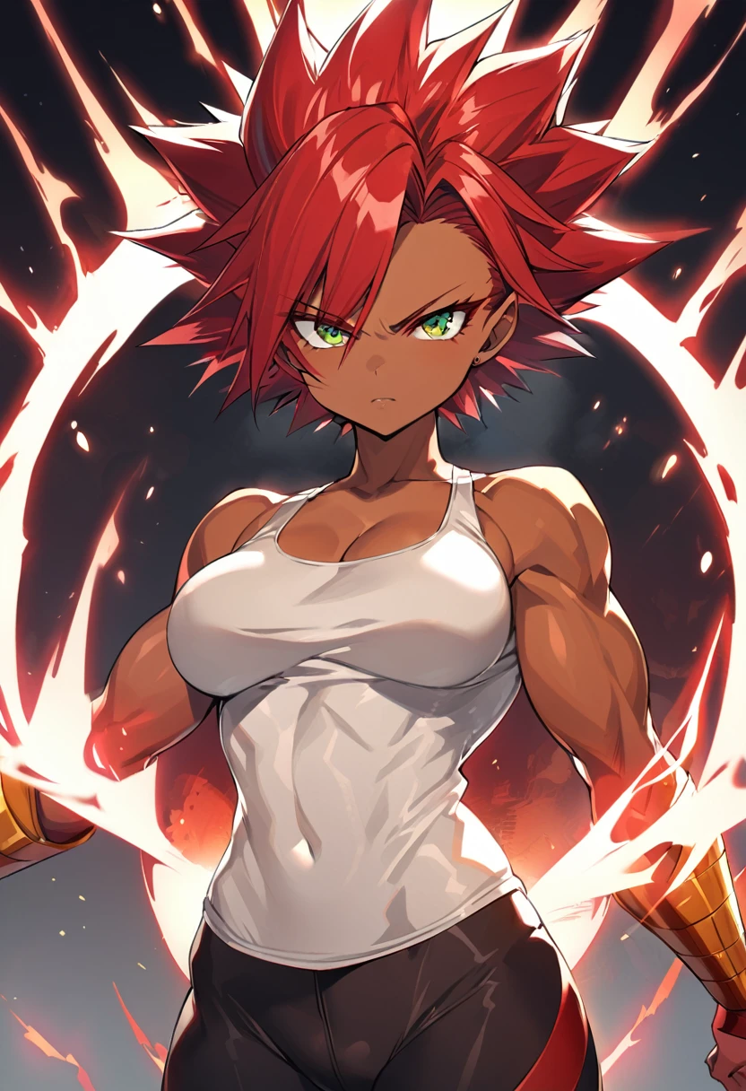 a girl, Saiyan, super saiyan, strong spiky red hair, green eyes, defined muscles, thin waist, wide hips, dark skin, medium breasts, tight clothes, white t-shirt, black pants, hot red aura around her, heat emanating