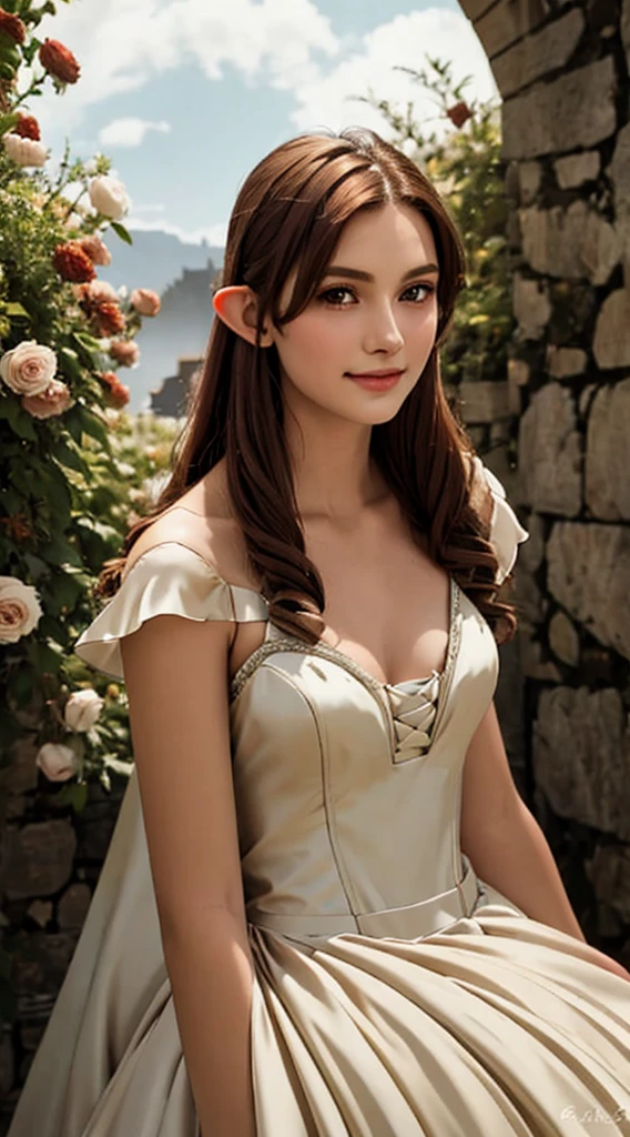 sexy, (seductivesmile:1.1), spellcasting, mysteriousatmosphere, (fantasy:1.4), florest scenery, (edgfd ballgown:1.5), (fantasy dress:1.1), (long dress:1.1), (ballgown with a lot of roses:1.1), hearts, flowers,, (masterpiece, high quality, best quality:1.3), extremely detailed, extremely intricate, realistic, hyperrealistic, fine texture, Extremely high-resolution details, 25 year old young, (elf, pointy ears:1.12), (reddish hair:1.3), almond eyes, (green eyes), [long hair], [curly hair], (eye shadow:1.1), 162cm tall, oval face, snub nose, heart-shaped lips, (arched eyebrows), (skinny:1.1)