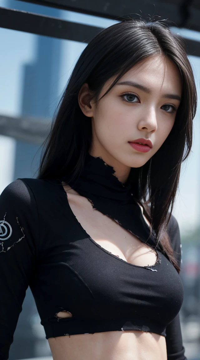 8k, top quality, 複雜的detail, 超detail, Ultra-high resolution, masterpiece, ((Close-up)) , Slender, Not smiling, (cosmetics: 0.4), (蓬鬆的blue eyes: 1.21), blue eyes,, ((whole body)), 1 girl, alone, 1 girl, (( whole body)), Close-up, Permanent , , ((High target)), (((Fitness))), (((face slimming))), sharp face, Sharp eyes, ((( black hair, long hair ))), (detailed face), sharp face, Small lips, Thin lips, holding a gun, Take the gun blade
((Tattered clothes, Tattered clothes, futuristic top, futuristic pants, futuristic gloves, futuristic boots )), detailed face, detailed breast, , Big breasts, detail, , beautiful girl,Have slender abdominal muscles: 1.4, Six-pack: 1.4, Breast Enlargement Botox, Large target, Perfect body, detail leg, ), cyberpunk background,