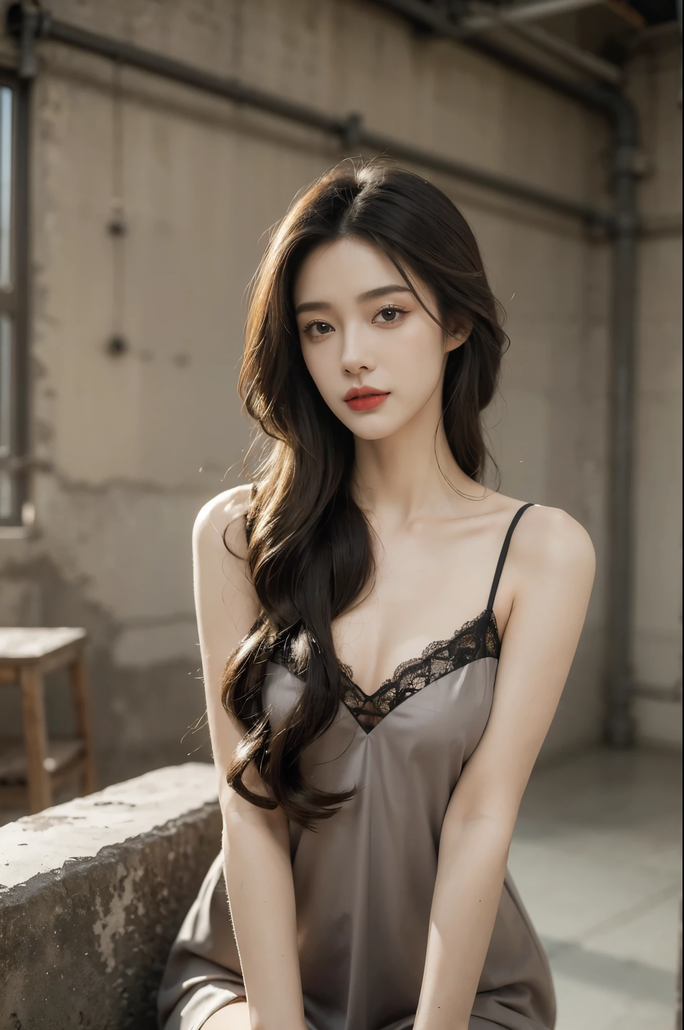 (((best quality))),(((ultra detailed))),(((masterpiece))),illustration,1girl,summer afternoon,beautiful girl,unfinished concrete room,alluring,gray walls,black lace nightgown,seductive,elegant,slender figure,full bosom,fair skin,long flowing hair,golden strands,delicate features,deep brown eyes,mischief,mystery,enchanting smile,vibrant red lips,serene beauty,self-assuredness,industrial ambiance,raw cement walls,exposed pipes,sexuality,allure,refined beauty,compelling visual narrative,seductive gaze,elegant posture,industrial backdrop,lasting impression