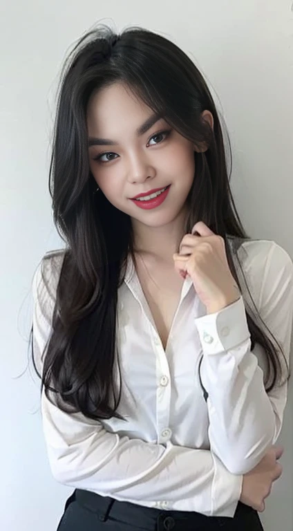 (best quality, masterpiece:1.2), white background, realistic, crew neck, closed-neckline, pants, (business jacket:1.2), (brown hair:1.2), big eyes, beautiful woman, smile, eyelashes, highly detailed face, fierce look, angry look, (long sleeved shirt: 1.2), looks like a naughty celebrity but is a good girl, virgin girl, inexperienced virgin girl, full body, (slanted angry eyebrows: 1.5), (discrete sex appeal: 1.0), (big kind smile: 1.2), (open mouth smile: 1.2), (happy: 1.2), (kind face: 1.2), (genuine smile: 1.2), (genuine smiling eyes: 1.2), innocent girl that looks naughty, traditional girl, straight-A student