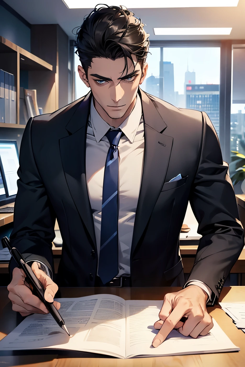 (Best Quality,4k,8k,high resolution,Masterpiece:1.2),ultra detailed,(realist,photorealist,photo-realist:1.37),1 man,31 years,mature man,very handsome,without expresion,muscled body,short gray black hair,Blue eyes,glare,perfect face without mistakes,imposing posture,businessman,office background,cinematic lighting,imagen HDR
