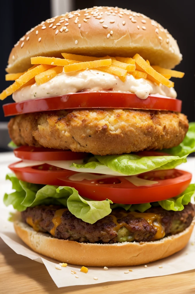 Burger description: 1 bread 1 meat, 1 breaded chicken, 1 lettuce, a slice of tomato, a slice of lettuce and cheddar cream 