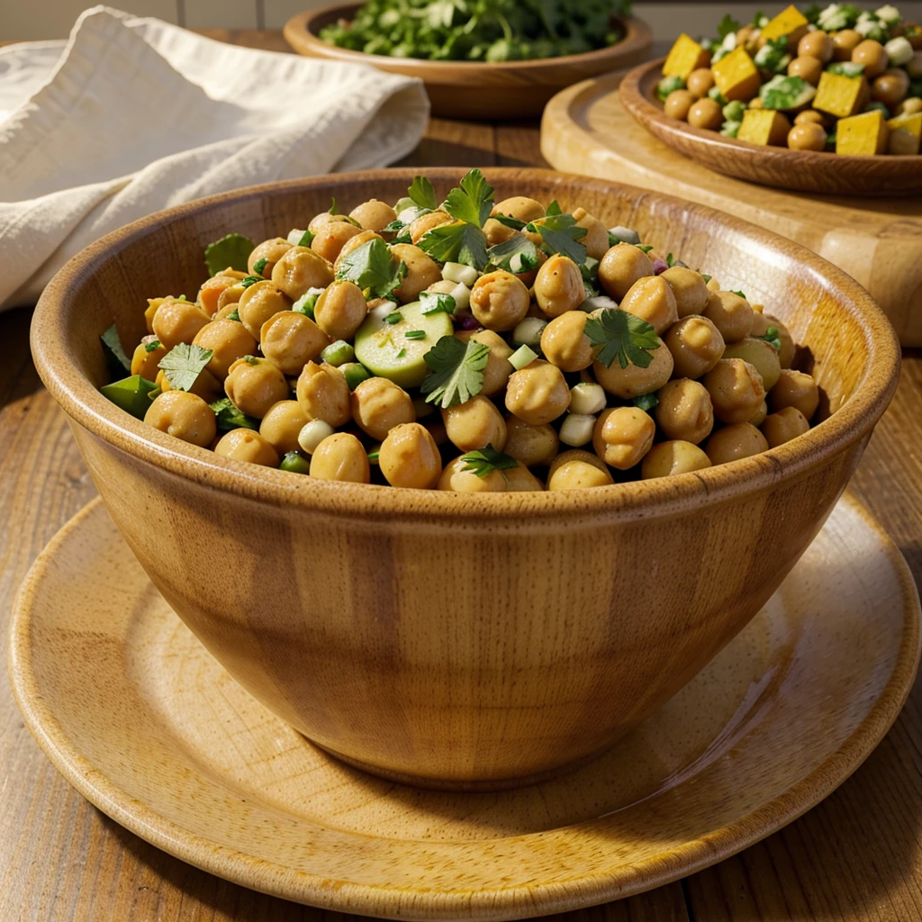A plate of Curried Chickpea and Sweet Potato Salad with a Yogurt Mint Dressing, chopped red onion, chopped fresh cilantro, chopped cucumber, chickpeas rinsed and drained for the intermittent fasting diet . Enlarged side view with the background blurred. The dish is on a wooden kitchen table. Real picture.