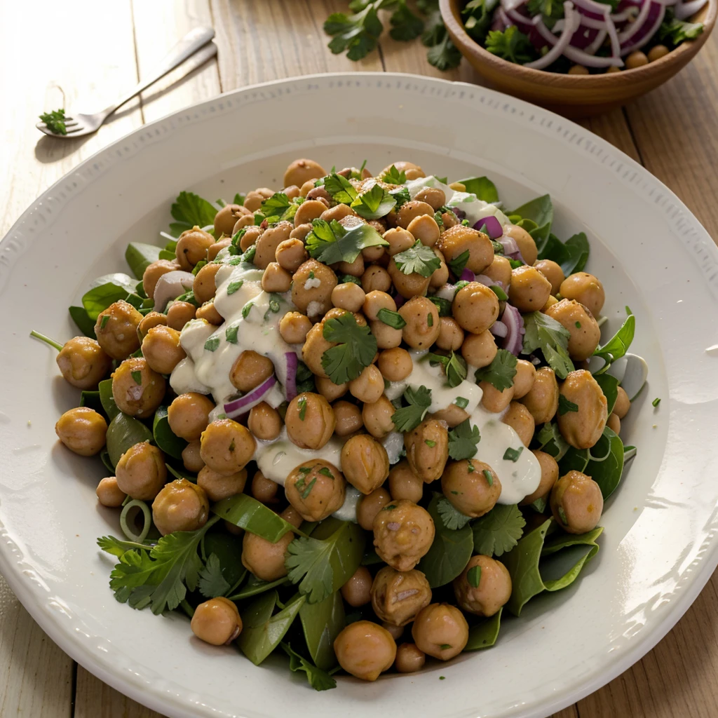 A plate of Curried Chickpea and Sweet Potato Salad with a Yogurt Mint Dressing, chopped red onion, chopped fresh cilantro, chopped cucumber, chickpeas rinsed and drained for the intermittent fasting diet . Enlarged side view with the background blurred. The dish is on a wooden kitchen table. Real picture.