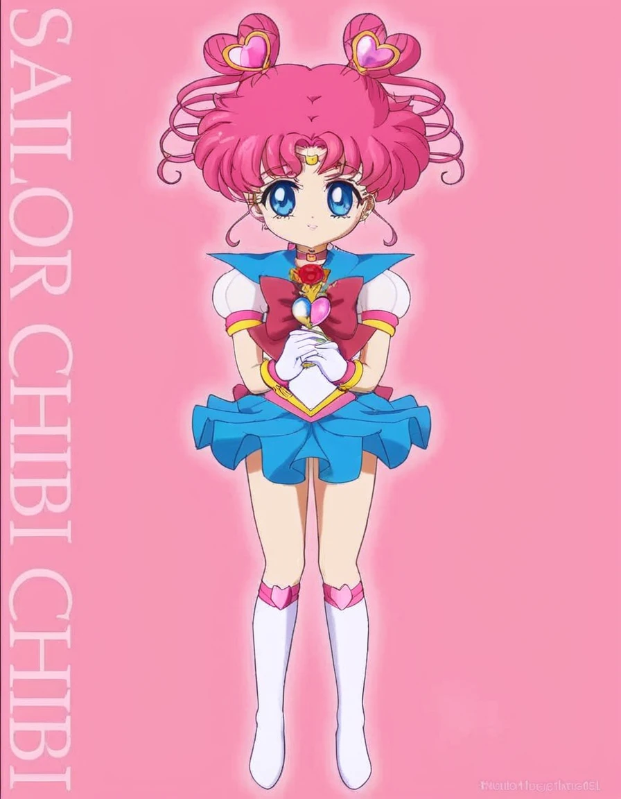 Magical girl, pink hair, blue eye, blue skirt, white top, full body