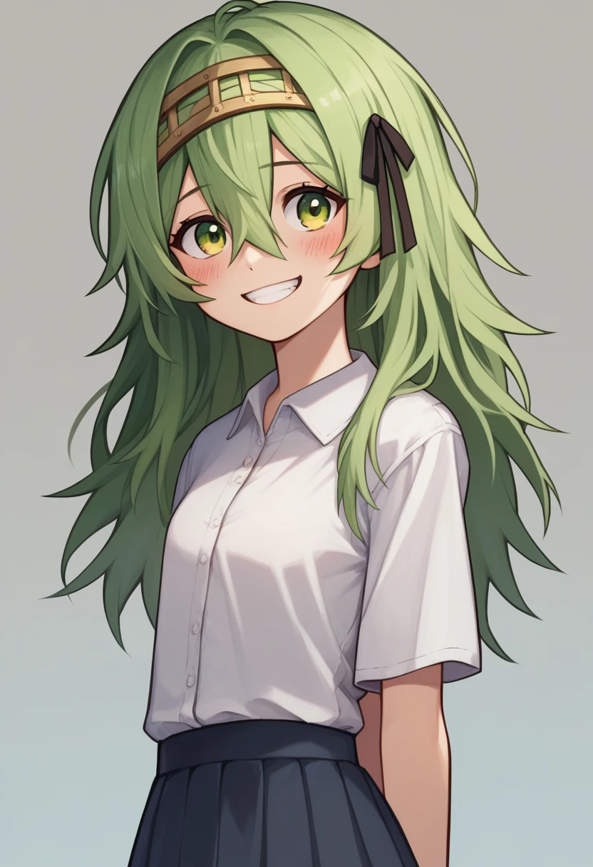 score_9, score_8_superior, score_7_superior, sauce_Anime BREAK 1 Girl, alone, Kilo, Green Eyes, Green Hair, Long Hair, hair band, Black Hair Ribbon, skirt, White shirt, Are standing, blush, smile, teeth, Put your arms behind your back, Lean back,