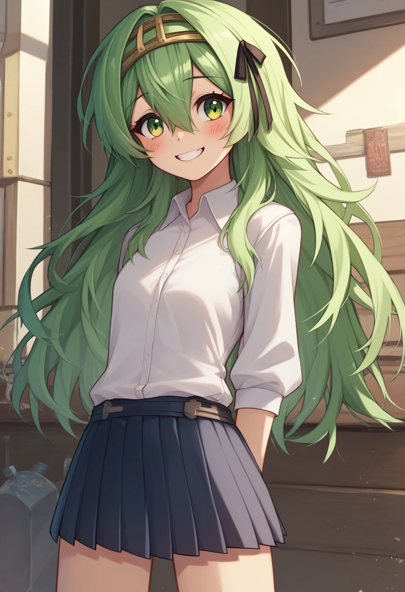 score_9, score_8_superior, score_7_superior, sauce_Anime BREAK 1 Girl, alone, Kilo, Green Eyes, Green Hair, Long Hair, hair band, Black Hair Ribbon, skirt, White shirt, Are standing, blush, smile, teeth, Put your arms behind your back, Lean back,