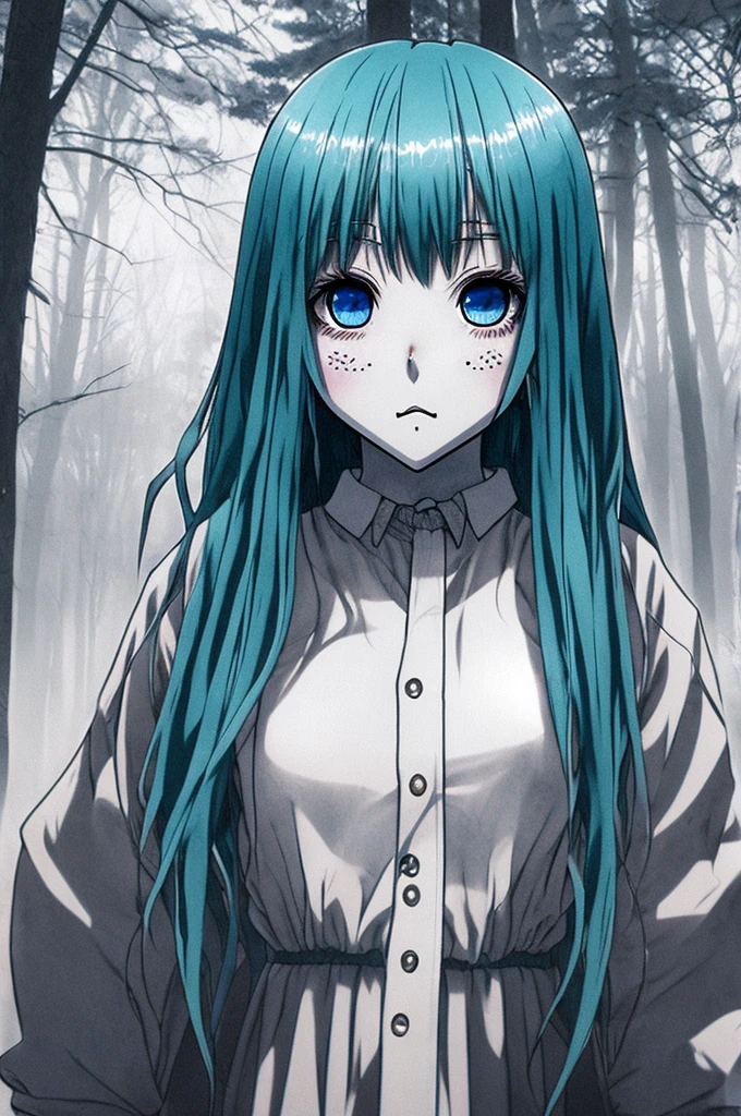 anime ghost girl, grey forest, blue hair, ghostly glowing skin, ghost, creepypasta, black and white ghost eyes, transparent ghost skin, ghost old clothes, fly in sky, cute smile