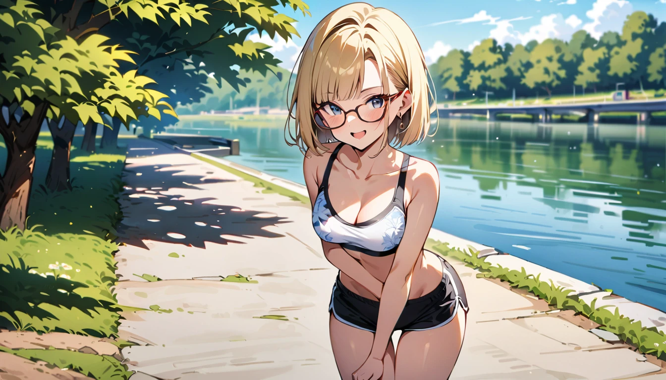 (masterpiece, best quality:1.2),1girl, (solo), Android 18 from Dragon Ball, ((floral print white sport bra, light gray dolphin shorts)), medium breasts, blunt bangs, blonde short hair, black eyes, earrings on earlobes, slim, slender feminine figure, skinny body, blush, magnificent view, blur background, 8K, collarbone, riverside, sky, sunny, thigh gap, (wearing glasses), park, smile, open mouth,