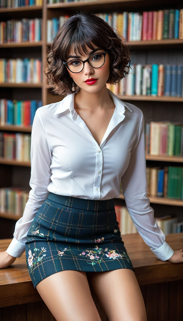 (((beautiful beautiful Isabela Merced, posing for shipmentss, looking sexy, ruffled lips, Short curly hair in different colors, extremely pretty eyes))), ((wearing floral silver necklace)), realistic shipmentsgraph, highy detailed, Foco do pointed, (Main lighting), (indoor bookstore environment), work of art, extremely pretty, Perfect beauty, (perfect shape body, Broad Hips, small waist, thick-thighs, firm abs, Body cute, knees, knees, focus on the knees, breasts small), short hair of different colors with bangs, short hair with bangs of different colors cobrindo a testa, short hair with bangs of different colors ((((short hair of different colors with bangs cobrindo a testa)))), ((30 years old)), (extremely detaild 8k wallpaper), ((face detailed)), (((wearing open white shirt, microsaia curta de tweed, knees, knees, Very Short Skirt)), (long dark eyelashes), (looking at the camera), (((neckleace))), (glamor model), (seductive facial expression) (((standing between high shelves full of books))), extremely detaild, work of art, details Intricate, highy detailed, Foco do pointed, skin detailed, realistic skin texture, texture, detailedeyes, high resolution, , (work of art, maximum quality, high resolution:1.4), shipments, cinematic, film grain, pointed, soft natural light, magic shipmentsgraphy, super verbose, ((all-body: legs 1.7)), librarian glasses, nerd glasses, ((pleated miniskirt: miniskirt 1.6)), unbuttoned blouse with neckleace, へそ, へそ, neckleace, (Head to knee, all-body: knees 1.3), horny, lascivious, provocative, knee lift, (((knee))), (((knee lift))), (((knee:. knee 1.3))), Knee, Knee Lift, Raised Knee, Focus on Knee