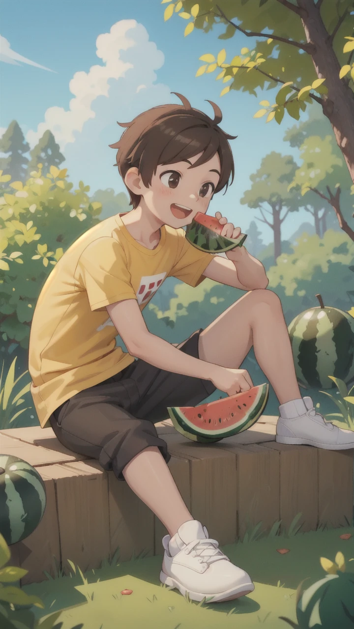 masterpiece,best quality,ruit,1boy,solo,eating,holding watermelon,male focus,brown hair,yellow shirt,pants,holding,open mouth,sitting ground,smile,short sleeves,white footwear,sky,forest,dog,(more Cut Watermelon:1.1),