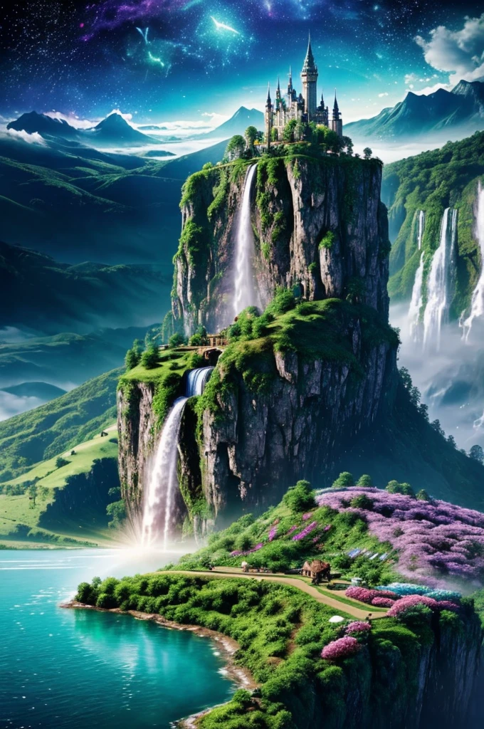 Image: A magical landscape with rolling hills, vibrant flowers, and sparkling waterfalls. In the distance, a grand castle stands amidst the clouds. (This could be the magician's true realm or an illusion he creates)
Alternative: A close-up of the magician's hands casting a spell with swirling lights and magical symbols.