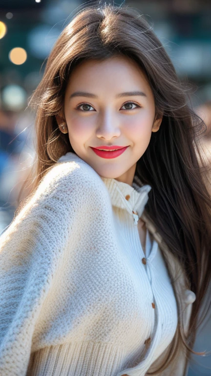 ((The best quality at its best,masterpiece,Ultra-high resolution)),(Realistically:1.4),(Korean celebrity poster sample),1 girl with big ,Head to Knee,Dynamic Pose,Adult face,slim,(smile),(Glossy Skin),(Contour,street,night),Gray Hair,長いGray Hair,black eye,(Large valley),Top Fashion,((White plush coat)),race,(Short skirt),(Snowstorm:1.5,China Pavilion),(Clear Eyes),(The nose is clean),(Transparent lips),(Fair skin),(Ultra-Realistic Textile Textures)