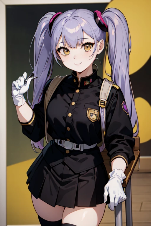 (masterpiece), (Highest quality), Detailed face, anime \(style\), Hoshino_It is_(dry), One girl, View your viewers, Purple Hair, Yellow Eyes, Twin tails, hair ornaments, army, army uniform, White gloves, smile, evil smile, Portraiture, badge, Black Skirt, Black knee socks,