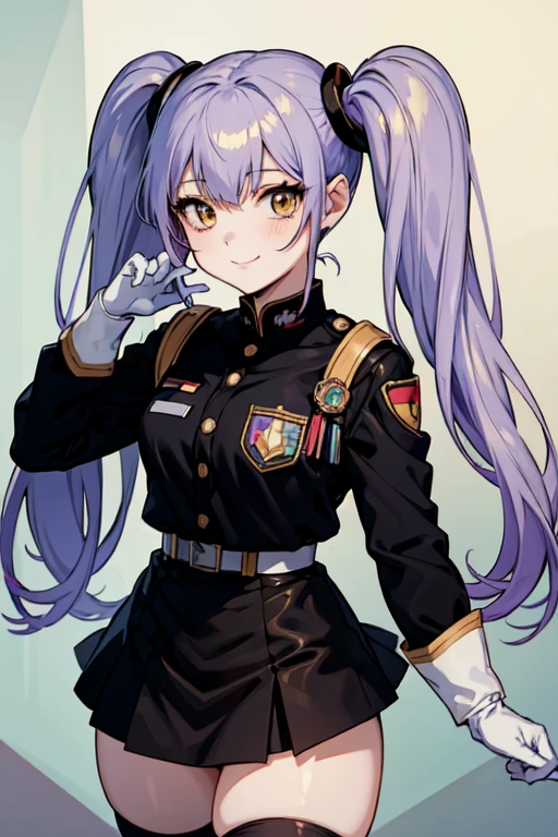 (masterpiece), (Highest quality), Detailed face, anime \(style\), Hoshino_It is_(dry), One girl, View your viewers, Purple Hair, Yellow Eyes, Twin tails, hair ornaments, army, army uniform, White gloves, smile, evil smile, Portraiture, badge, Black Skirt, Black knee socks,