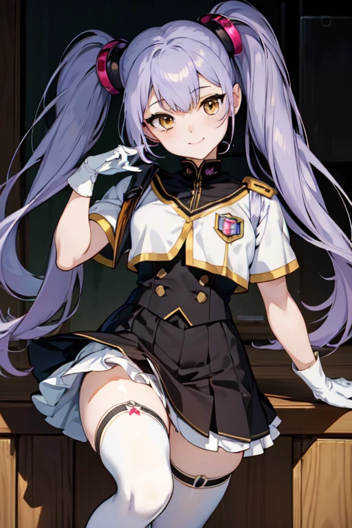 (masterpiece), (Highest quality), Detailed face, anime \(style\), Hoshino_It is_(dry), One girl, View your viewers, Purple Hair, Yellow Eyes, Twin tails, hair ornaments, army, army uniform, White gloves, smile, evil smile, Portraiture, badge, Black Skirt, Black knee socks,