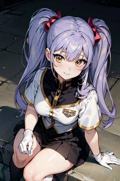 (masterpiece), (Highest quality), Detailed face, anime \(style\), Hoshino_It is_(dry), One girl, View your viewers, Purple Hair, Yellow Eyes, Twin tails, hair ornaments, army, army uniform, White gloves, smile, evil smile, Portraiture, badge, Black Skirt, Black knee socks,