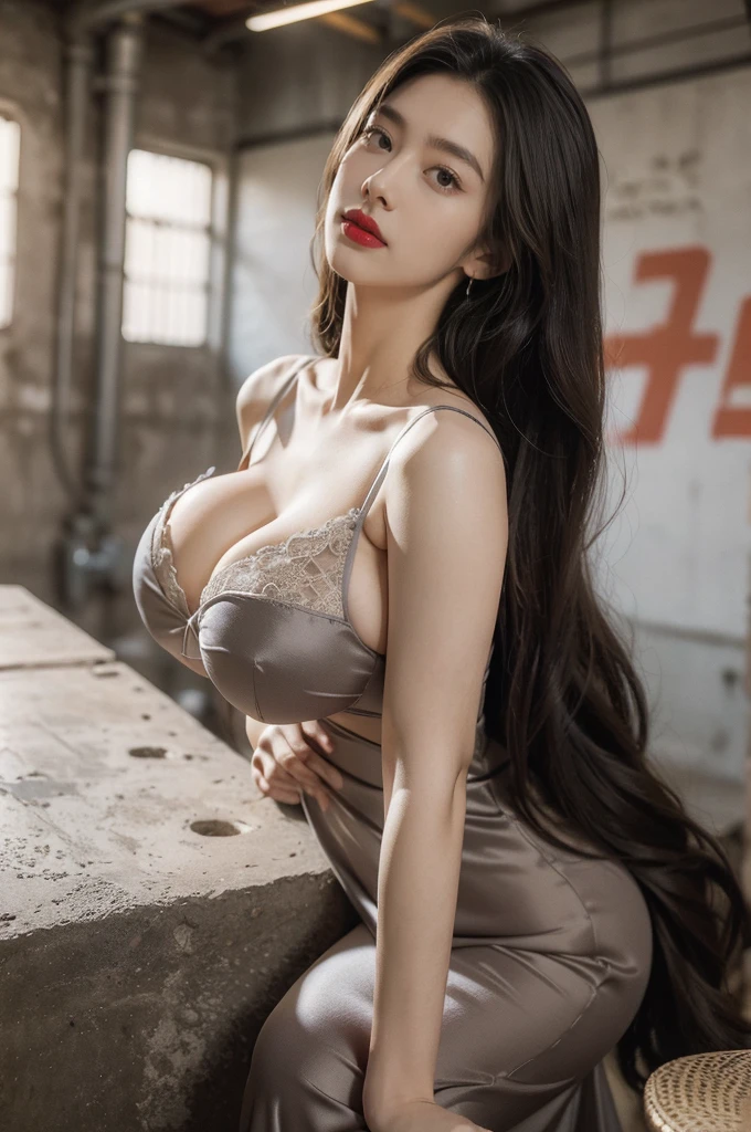 (((best quality))),(((ultra detailed))),(((masterpiece))),illustration,1girl,summer afternoon,beautiful girl,unfinished concrete room,alluring,gray walls,black lace nightgown,seductive,elegant,plump figure,full bosom,fair skin,long flowing hair,(gigantic breasts:1.5),golden strands,delicate features,deep brown eyes,mischief,mystery,enchanting smile,vibrant red lips,serene beauty,self-assuredness,industrial ambiance,raw cement walls,exposed pipes,sexuality,allure,refined beauty,compelling visual narrative,seductive gaze,elegant posture,industrial backdrop,lasting impression