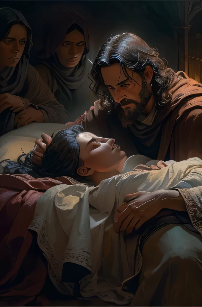 a man lying on a bed, martha and mary by his side,sadness and concern on their faces, highly detailed, intricate, dramatic lighting, oil painting, masterpiece,photorealistic,vivid colors,cinematic,epic scale,dramatic atmosphere,(best quality,8k,highres,masterpiece:1.2),ultra-detailed,(realistic,photorealistic,photo-realistic:1.37),cinematic lighting,dramatic chiaroscuro,moody and emotional,biblical scene,religious theme,powerful and moving