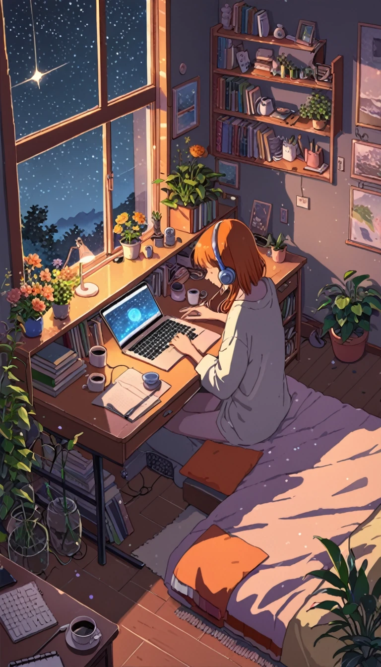 ((anime:1.4,illustration)),(masterpiece, top quality, best quality),(ultra-detailed, absolutely resolution),((16k, high res)). BREAK {lofi art, style of Laurie Greasley, style of Makoto Shinkai, anime aesthetic} BREAK {illustration of A girl is lying on her bed in a room, she is listening to music on her headphones and touching her cell phone, it is dark outside the window and the stars are shining, there are plants, a bed, a bookshelf, a study desk, a laptop computer, a coffee cup and a vase of flowers on the desk, the room is colorful with orange as the base color. A colorful room with a orange base}