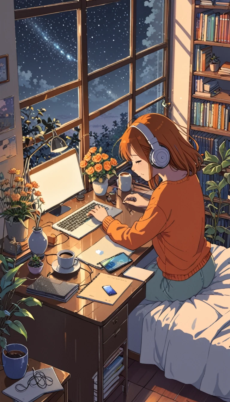 ((anime:1.4,illustration)),(masterpiece, top quality, best quality),(ultra-detailed, absolutely resolution),((16k, high res)). BREAK {lofi art, style of Laurie Greasley, style of Makoto Shinkai, anime aesthetic} BREAK {illustration of A girl is lying on her bed in a room, she is listening to music on her headphones and touching her cell phone, it is dark outside the window and the stars are shining, there are plants, a bed, a bookshelf, a study desk, a laptop computer, a coffee cup and a vase of flowers on the desk, the room is colorful with orange as the base color. A colorful room with a orange base}